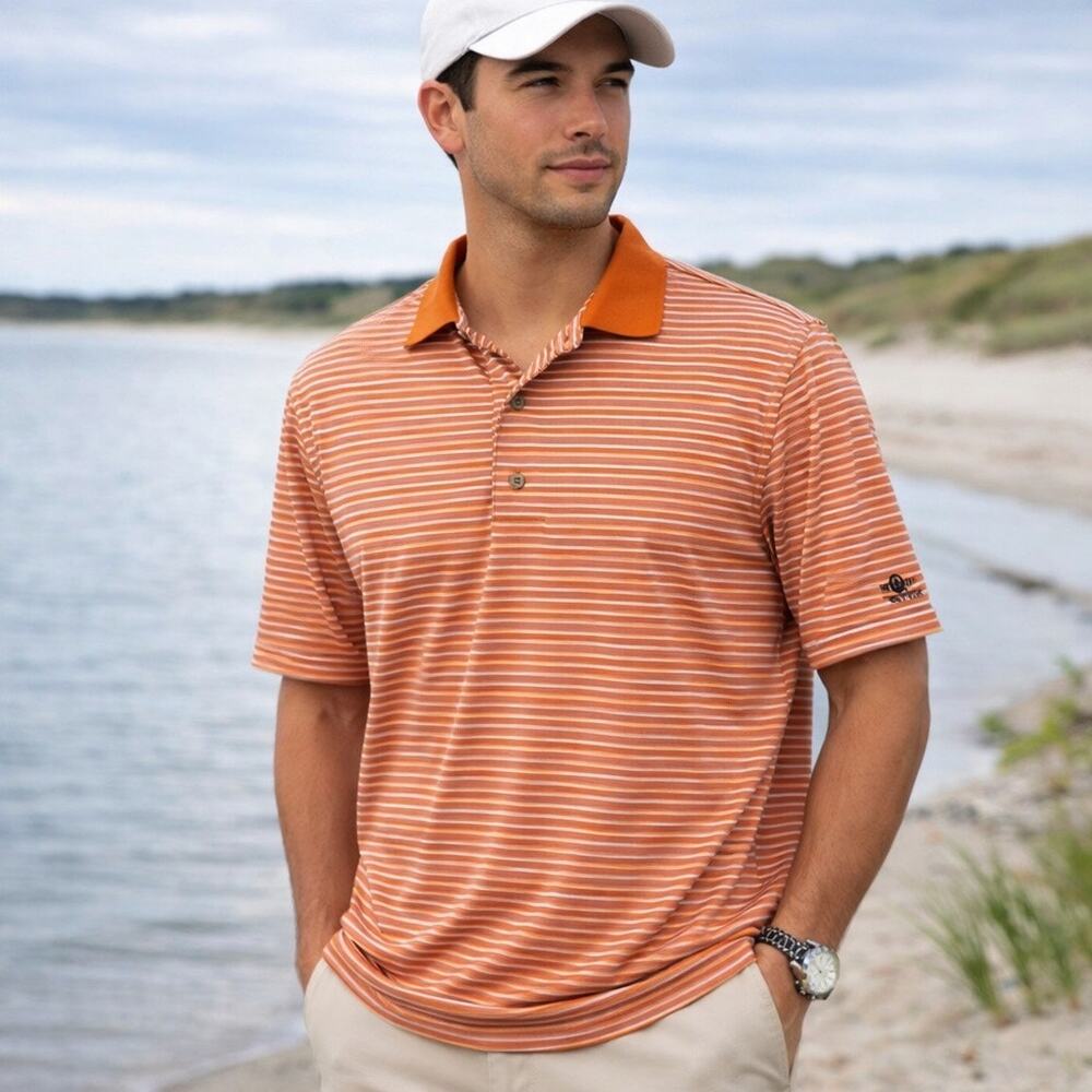 FootJoy Golf Polo Shirt Mens Large Orange White Striped Short Sleeve Quick Dry